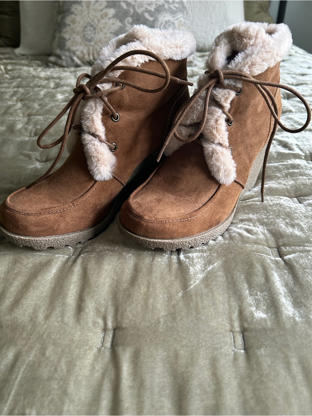 UNIONBAY Suede-Look Lace-Up Ankle Booties with Faux Shearling — Brown/Tan